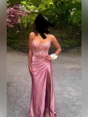 Prom Gown with High Slit Pink Sequin-Embellished Strapless